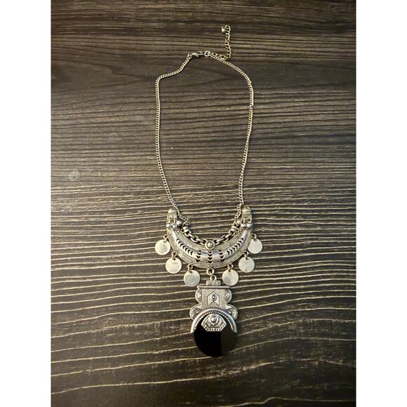 Silver-Tone Ethnic Tribal Style Necklace with a Black Stone Pendant - Picture 2 of 5